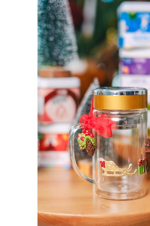 Cube Tea YILBAŞI TEMALI GEYİKLİ Çift Camlı Çift Cidarlı Cam Kupa 350 ml Ev Ofis Isı Yalıtımlı Kulplu Bardak